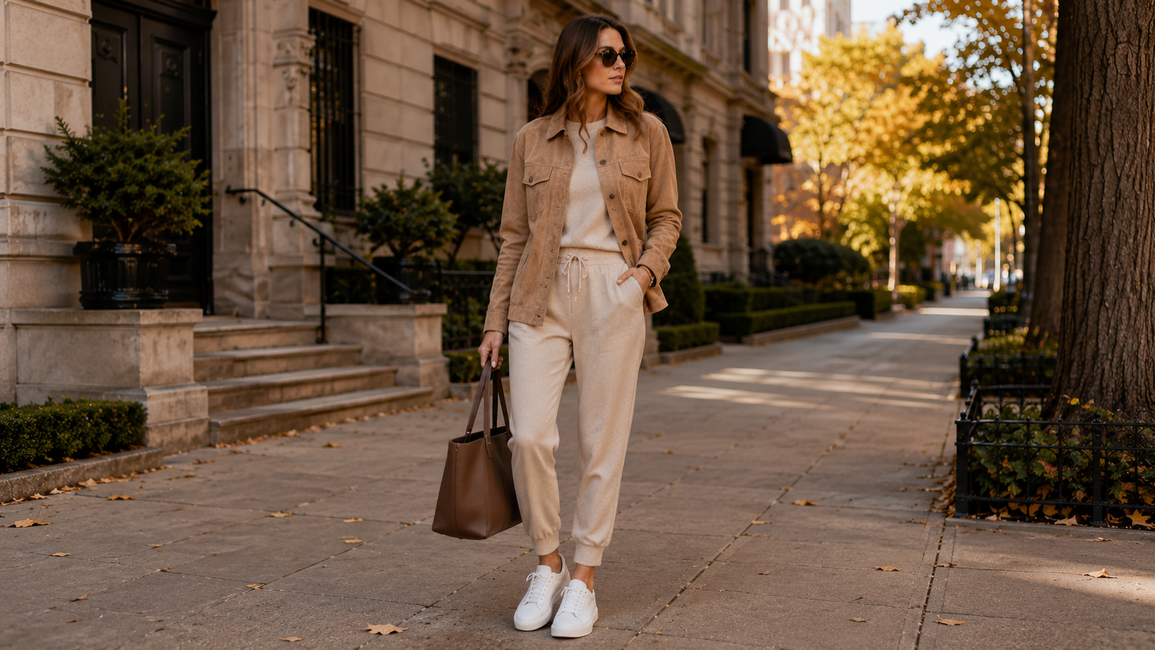 Relaxed Suede Shacket with Cashmere Jogger Set and White Sneakers Fall Travel Outfit